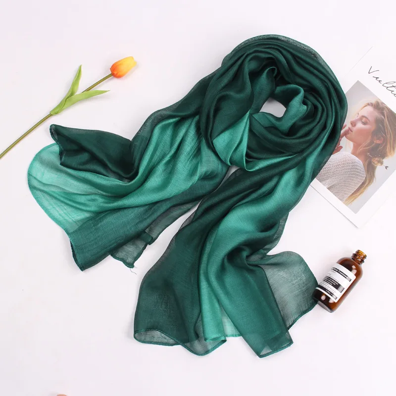 New Mulberry Silk Gradual Change Color Silk Scarf Cotton and Linen Long Shawl Dual-purpose Women's Spring and Autumn Yarn