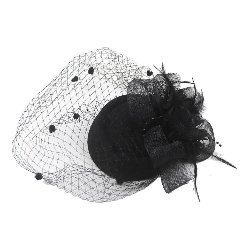 Retro Women Flower Sinamay Feathers Veil Headband Fedoras Hat Hair Clip Fascinators Hat