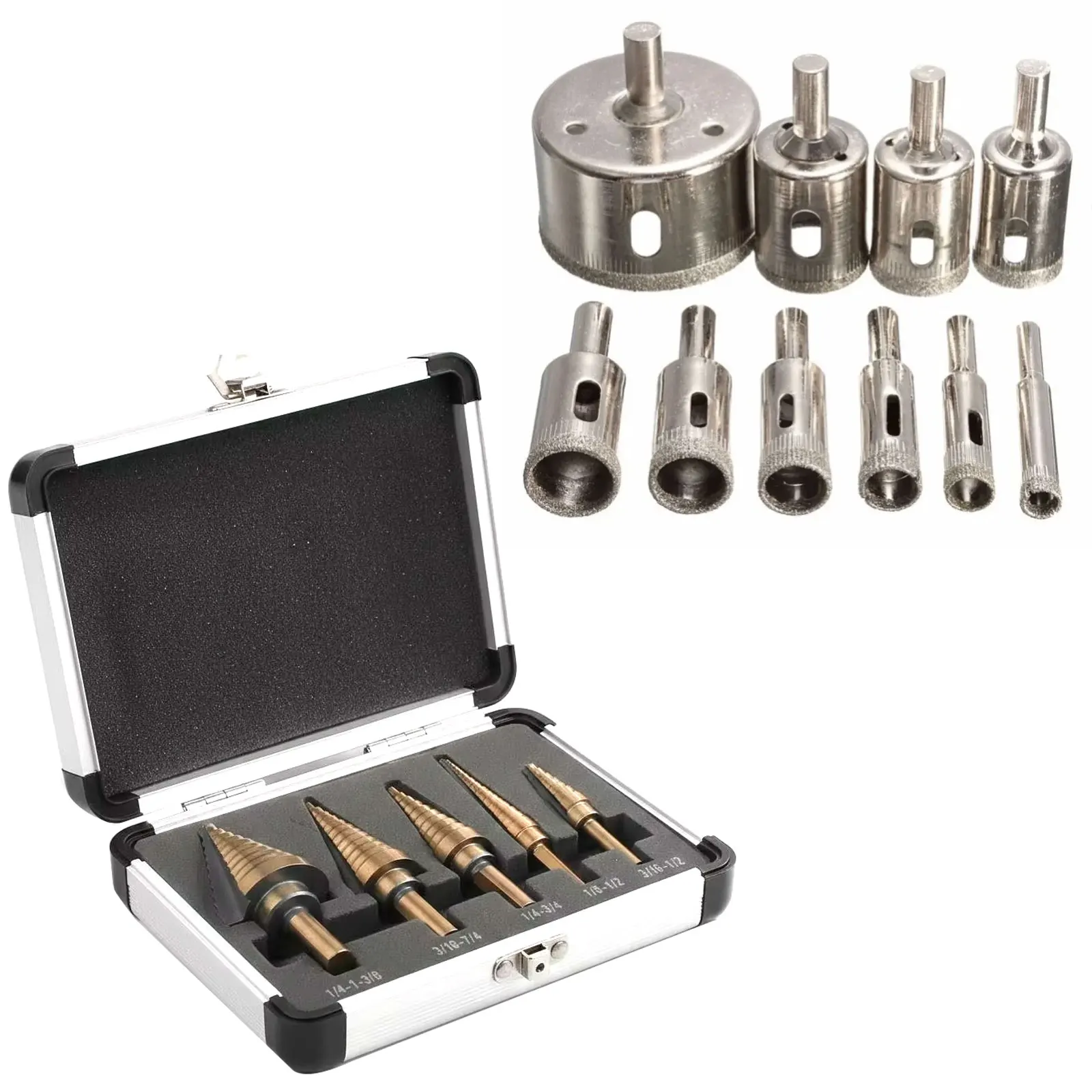 

Professional Drilling Duo 10Pcs Diamond Coated Drill Bits for Glass/Tile & 5-Piece HSS Cobalt Step Drill Bit Set for Stainless Steel/Metal, High-Performance Hole Cutter Kit for Hard Surfaces Fabrication, Durable Precision Tools for DIY Industrial Projects