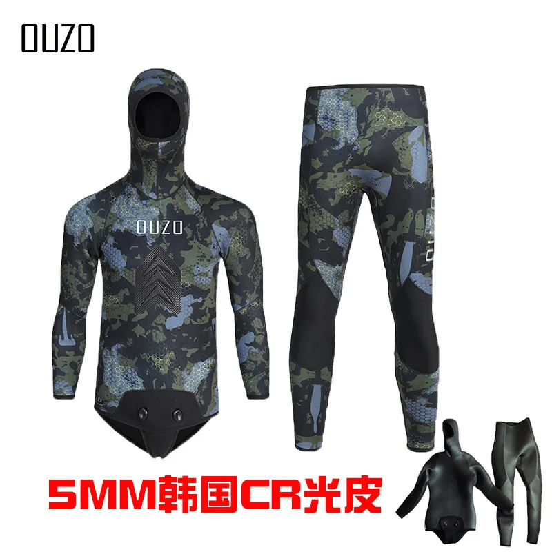 Men's Hooded Cr Light Leather Wetsuit, 5mm, Thick, Camouflage, Warm, Fishing Suit