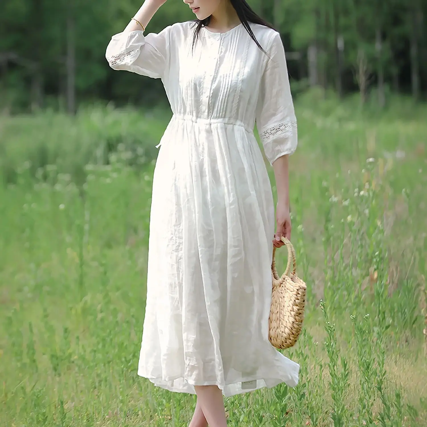 LZJN Vestido de verão ramie de duas camadas com renda bordada e cordão emagrecedor, estilo literário e doce, vestido longo branco