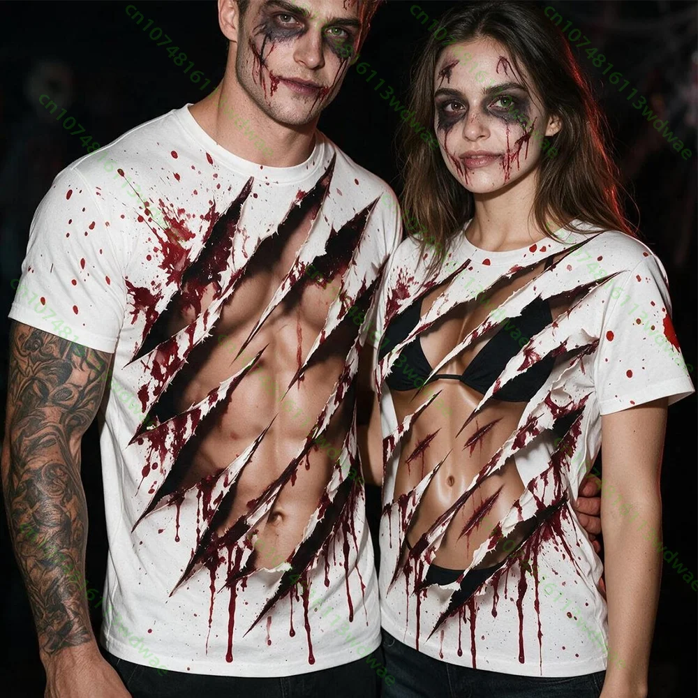 Funny Zombie Scratch T-Shirt Personalized Fake 3D Muscle & Bikini Graphic Couple Tees Women's Bloody Halloween Dress Up Costume