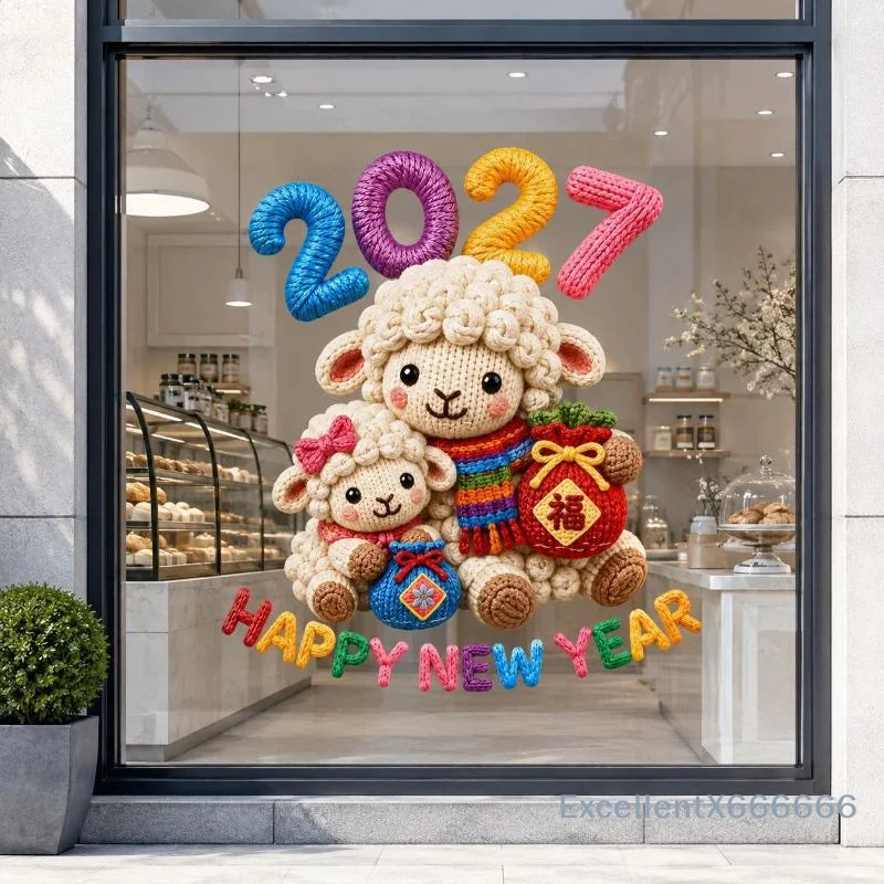 Imitation Knit Sheep Window Sticker 2027 New Year Lamb Decal Easy to Remove for Christmas Holiday Party Decoration