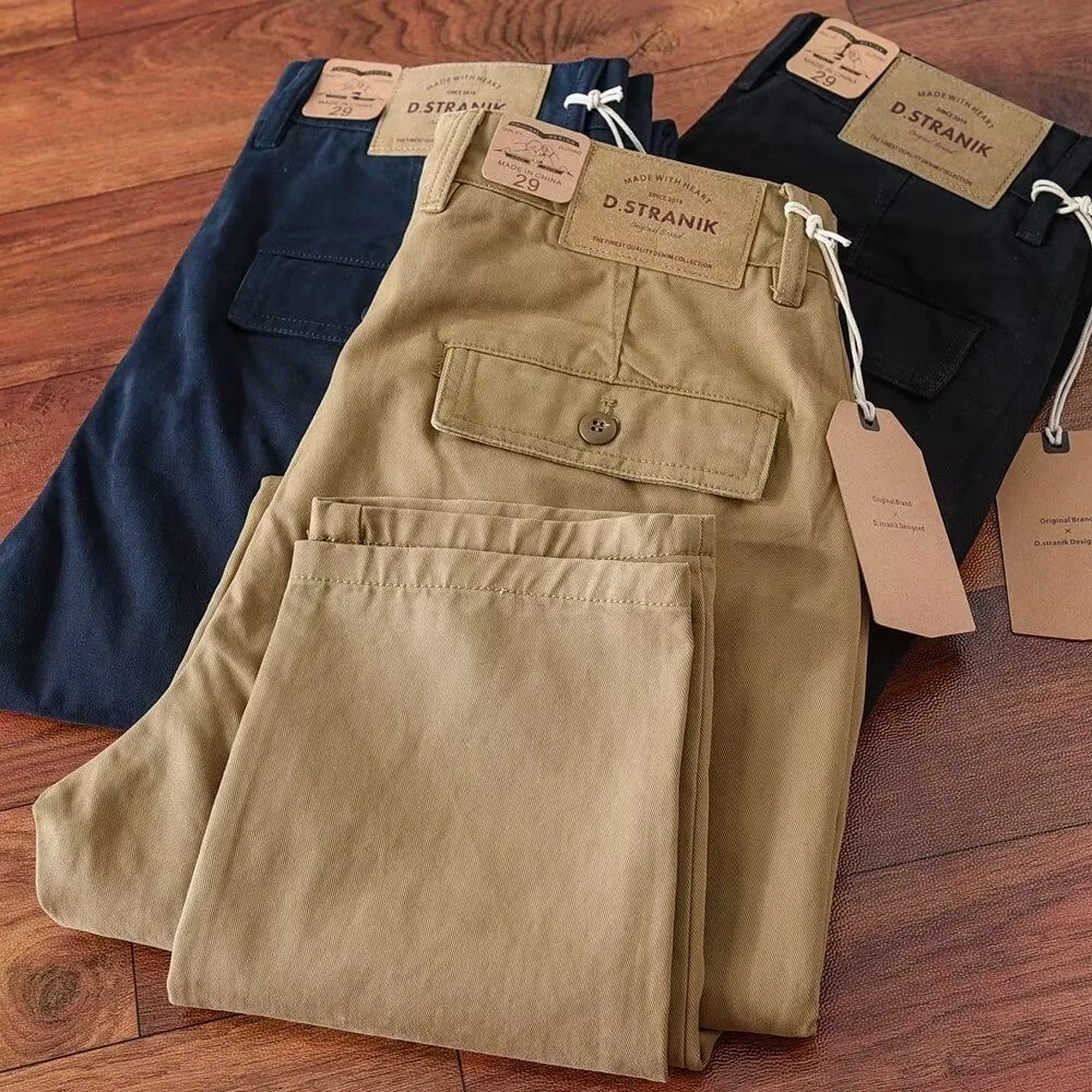 Calças Masculinas Retrô de Algodão Puro Lavado, Corte Reto Solto, Tecido Grosso de Sarja, Estilo Workwear Casual, Tendência P...