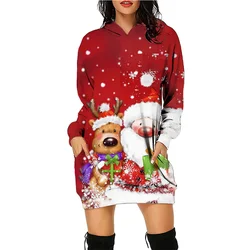 Autumn New European and American Clothing Long-sleeved Sweatshirt Dress Christmas Elk Print Hooded Skirt