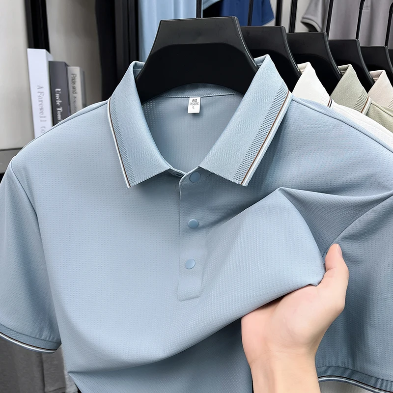 Trend luxury ice silk short sleeve polo shirt personalized solid color checkered embossed men's summer breathable casual T-shirt