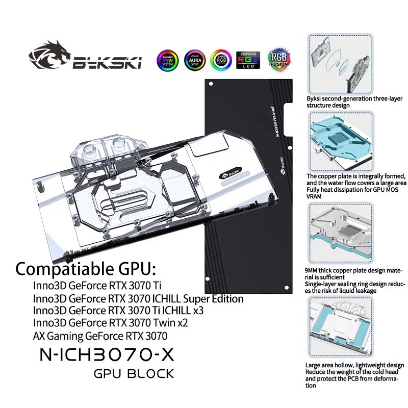 Bykski-GPU Water Cooling night pour Inno3D GeForce RTX 3070 Ice Dragon Super Edition, GPU Water nights avec Backplate N-ICH3070-X