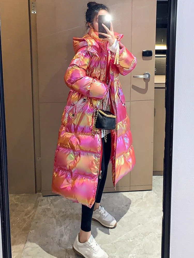 Winter New Glossy Waterproof Long Parka Women Winter Long Shiny Colorful Thick Loose Jacket Large Thick Down Cotton Outerwear