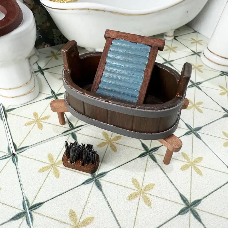 

1:12 Dollhouse Miniature Wooden Barrel Washboard Brush Three-Piece Set Laundry Scene Micro Landscape Ornaments Pretend Play Toys