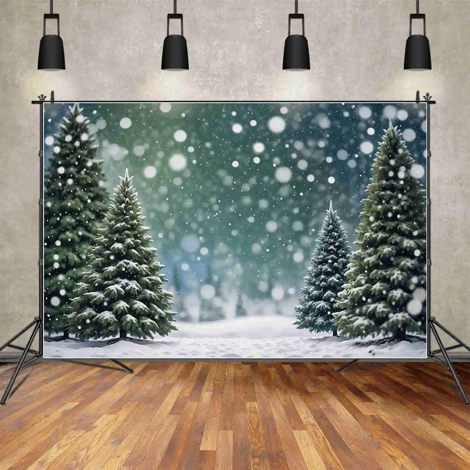 MOON.QG Snow Green Christmas Backdrops Outdoor Winter Children Bokeh Forest Tree Backgrounds Custom Party Decor Photocall Props