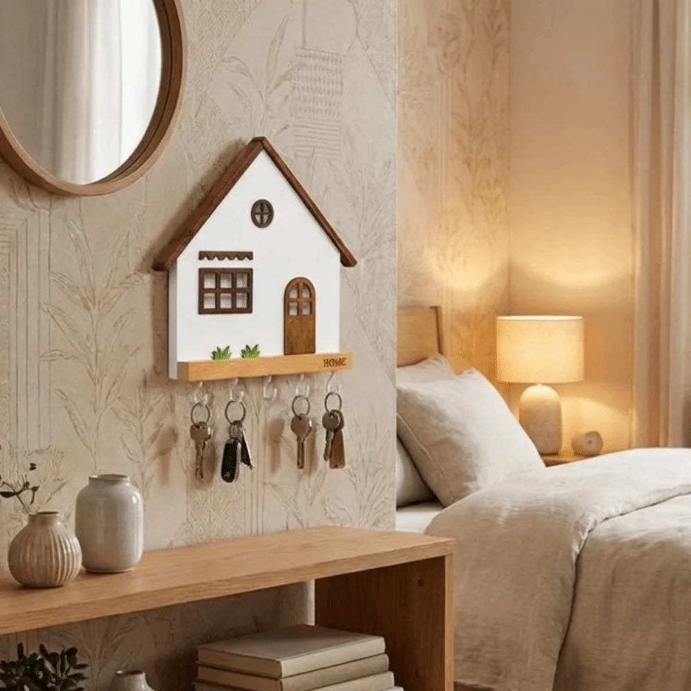 

Modern Wooden Wall Mount Key Holder House Shape Multi-Purpose Key Rack 5-Hook Design Rustic Decorative Hooks Living Room