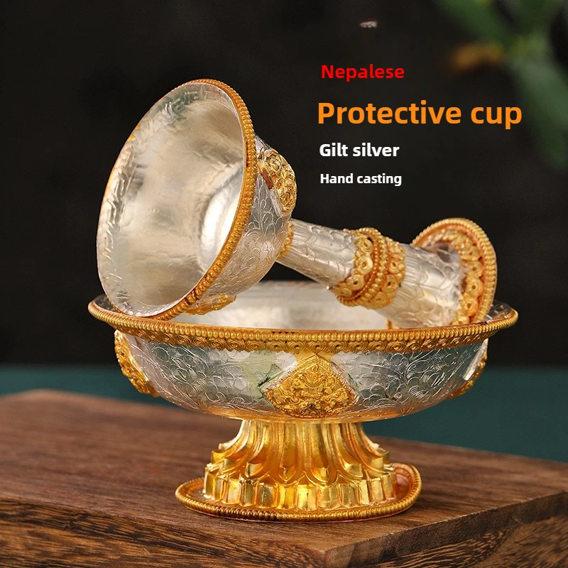 Nepal Gold Silver Plated Tibetan Dharma Cup Hand Carved Buddhist Offering Cup108