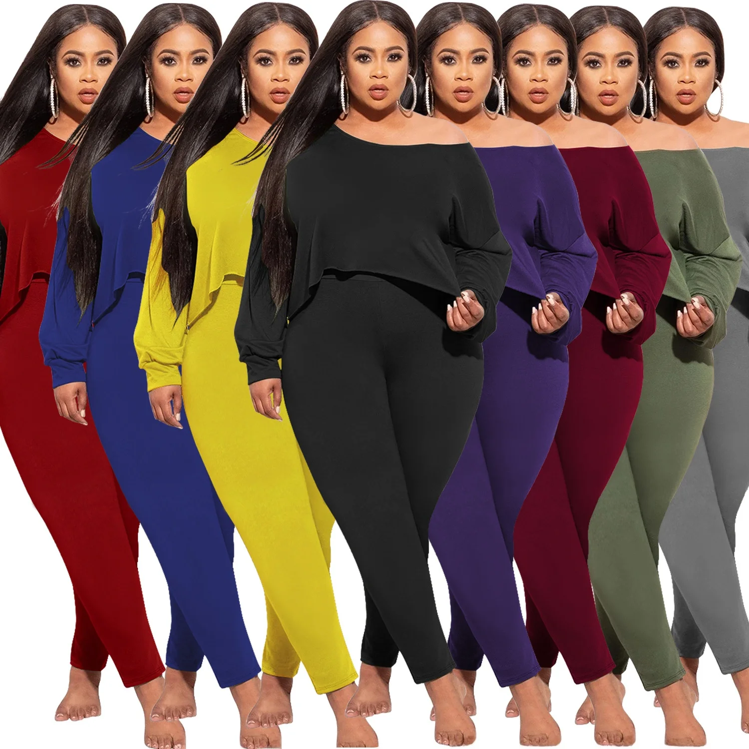 

XL5XL Women's Irregular Top Leggings Casual Suit Two Piece Knitted Long Sve Asymmetric Hem Cotton Blend Faion Set