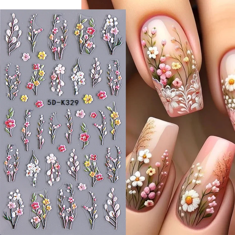 5D Floral Nail Sticker Decals Pink Rose Petal Valentine Design Nail Decals Acrylic Adhesive Gel Nail Sliders Manicure Decoration