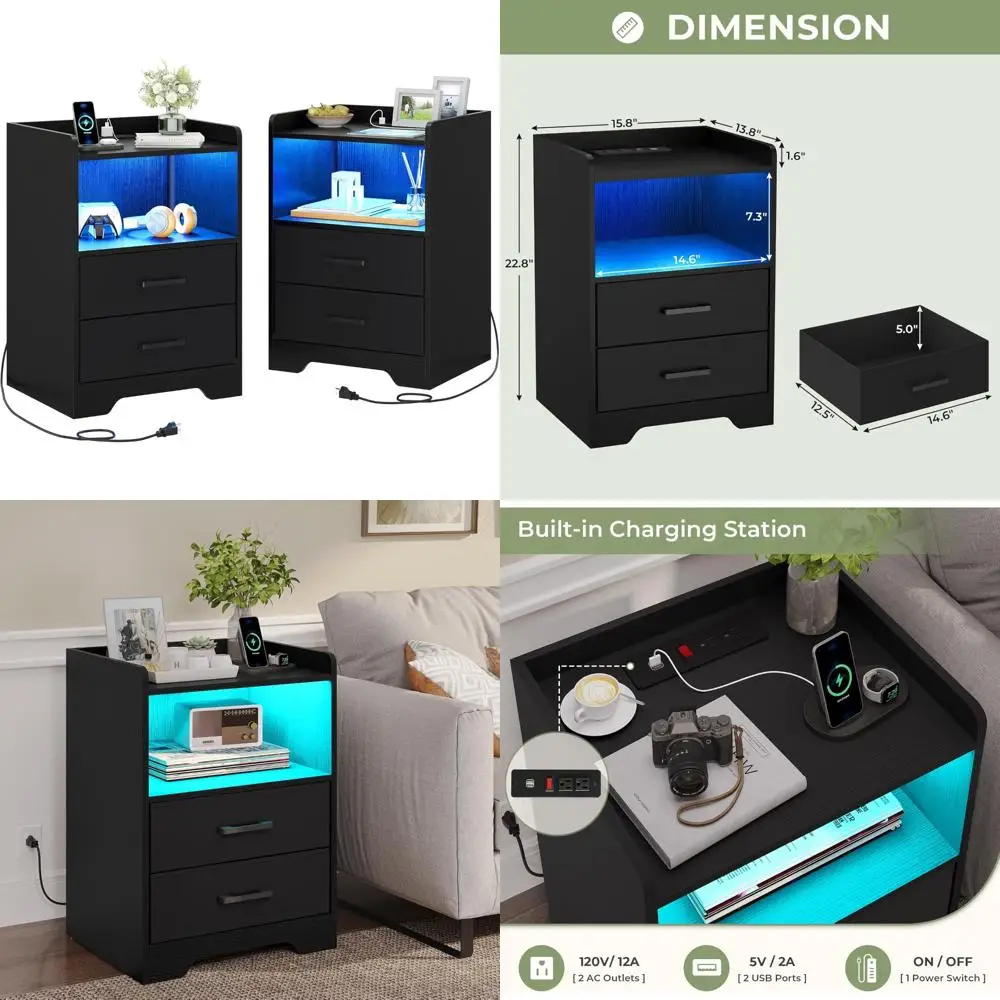 زوج من طاولات النوم الحديثة المضاءة بإضاءة LED مع منافذ شحن وأدراج قماشية، باللون الأسود #1