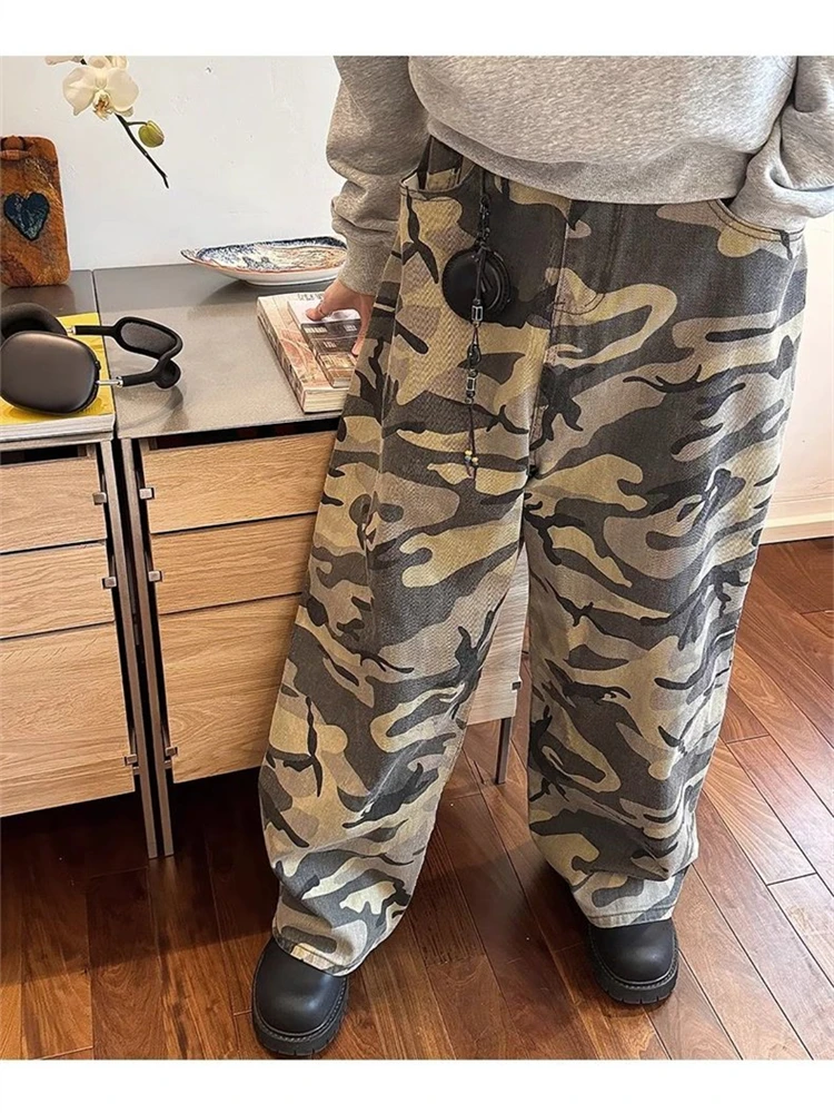 Women's Camouflage Casual Loose Unisex Trousers Young Girl Street Straight Bottoms Female High Waisted  Wide Legs Thin Pants