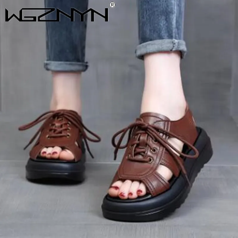 2023 Summer New Women\'s Sandals Vintage Lace Up Open Toe Non-slip Platform Shoes Comfortable Hollow Roman Sandal Zapatilla Mujer