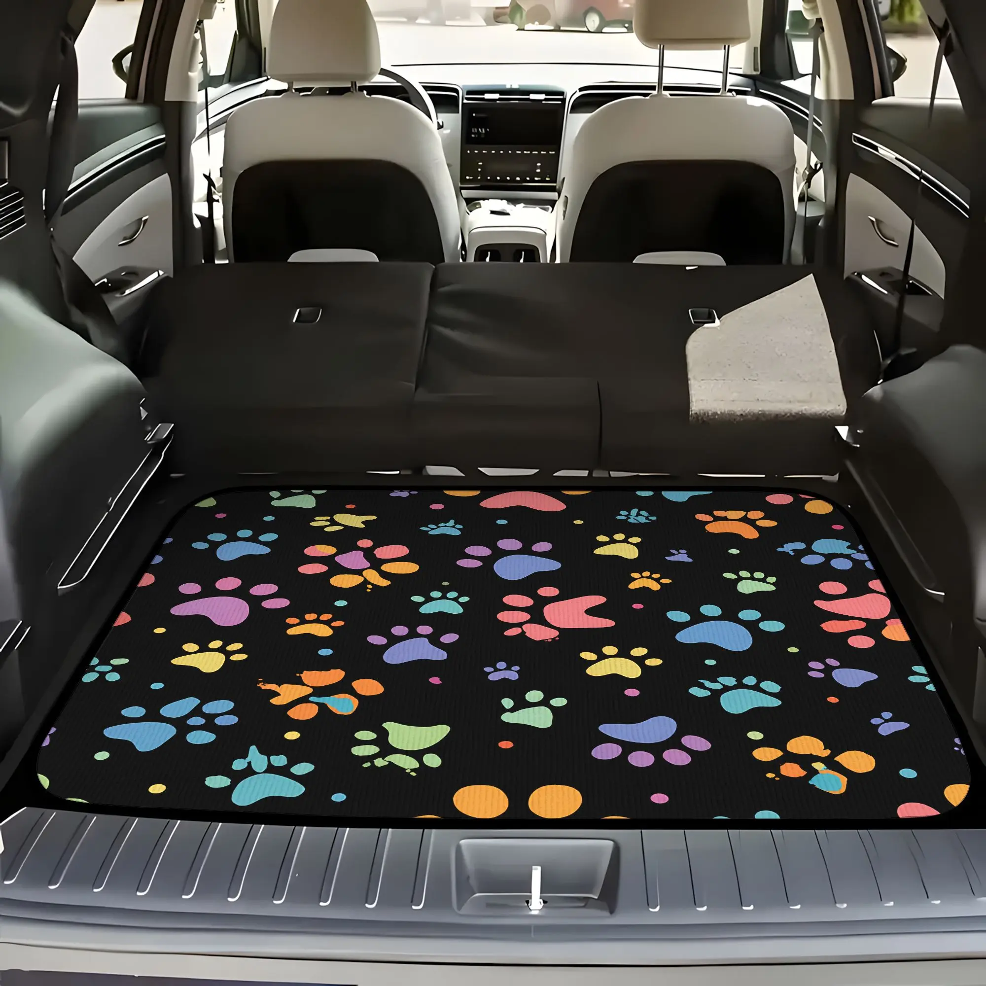 Heavy-Duty Black Cargo Liner Designed For Suvs, Trucks, And Minivans, Featuring Vibrant Paw Print And Bone/Heart Designs. This P