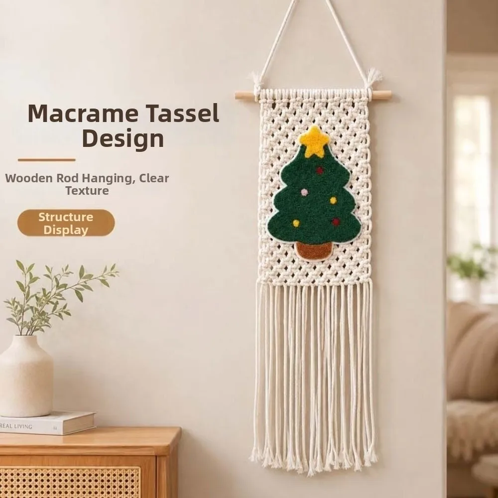 25x60cm Christmas Tree Wall Hanging Woven Texture Bohemian Style Holiday Wall Decoration Tassel Fringe Tree Applique