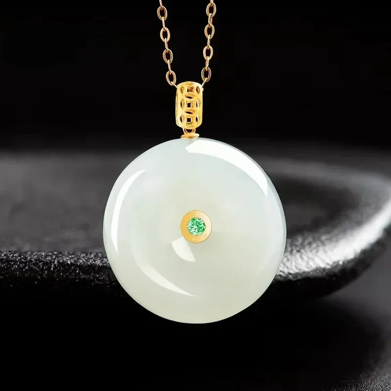 High-grade Natural Hotan White Jade Peace Button Pendant 18K Gold Inlaid Exquisite Fashion Women's Necklace Holiday Gift