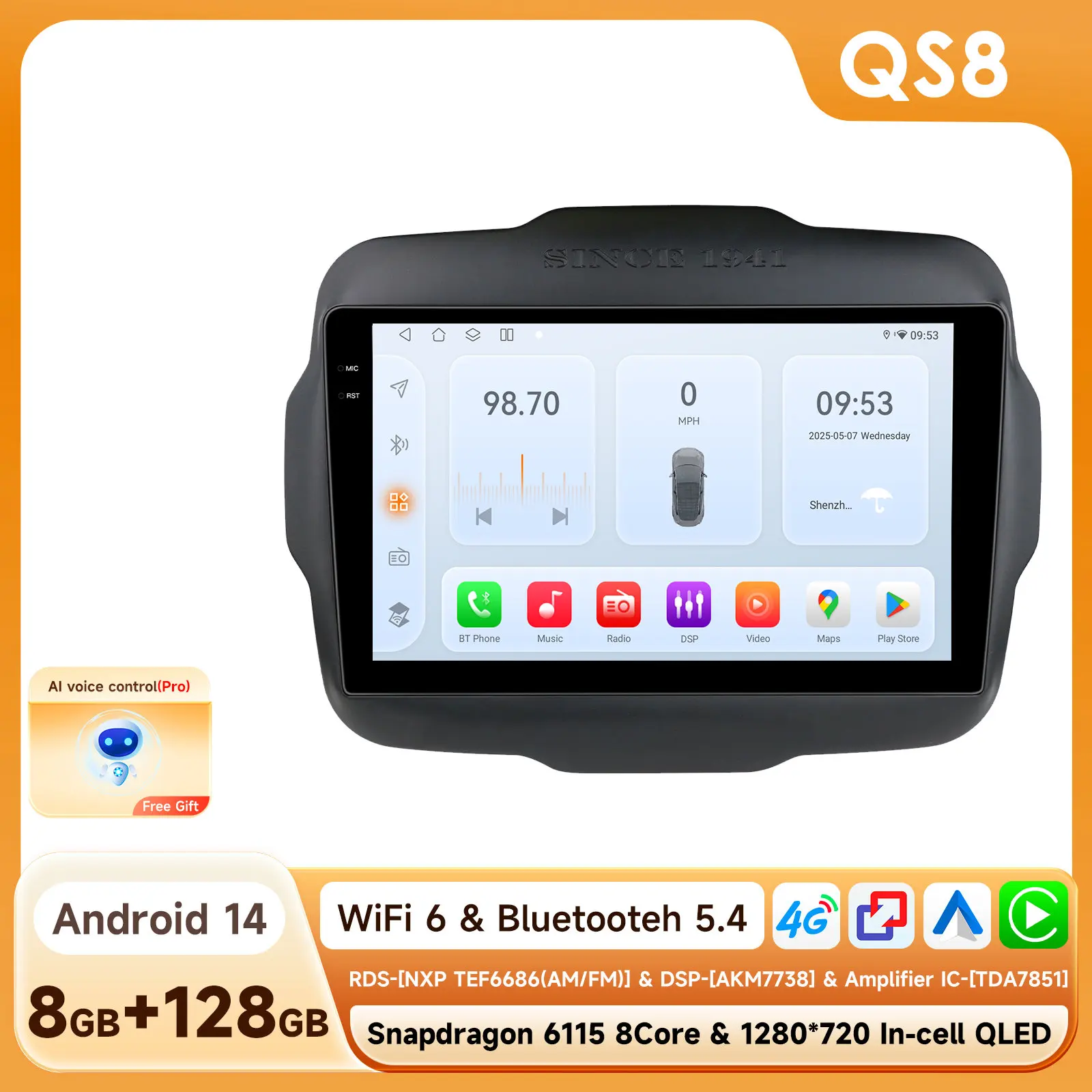 7862 Carplay 4G-Lte 9 "Autoradio Android Voor Jeep Afvallige 2016-2020 Multimediaspeler Navigatie Gps 2 Din Stereo Dsp Autoradio