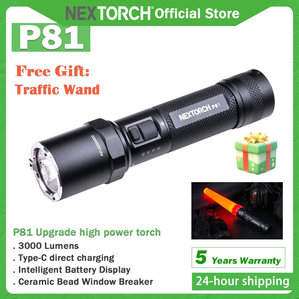 Nextorch P81 New upgraded high brightness torch 3000 Lumen, Tactical Flashlight , Rechargeable, High Power Compact, Duty Patrol