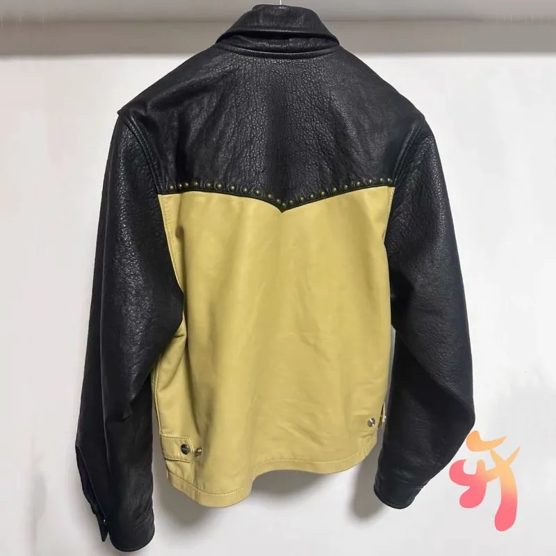 24ss Men Women Winter ERD Jackets Motorcycle Boy Street Rivet Oil Wax Foam Leather Yellow Black Contrasting Coats with Dust Bag