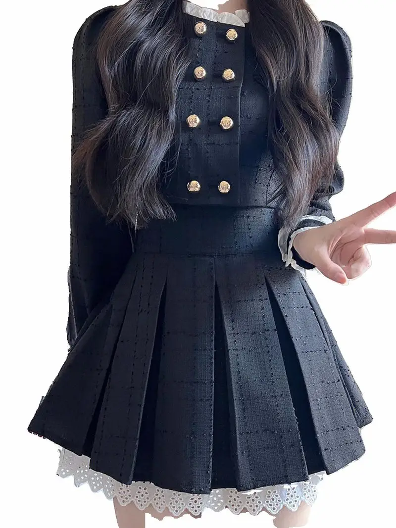 UNXX Autumn New Elegant Two Piece Skirt Set Women Button Pleated Y2K Mini Skirt Suit Female Casual Korean Fashion Designer Sets