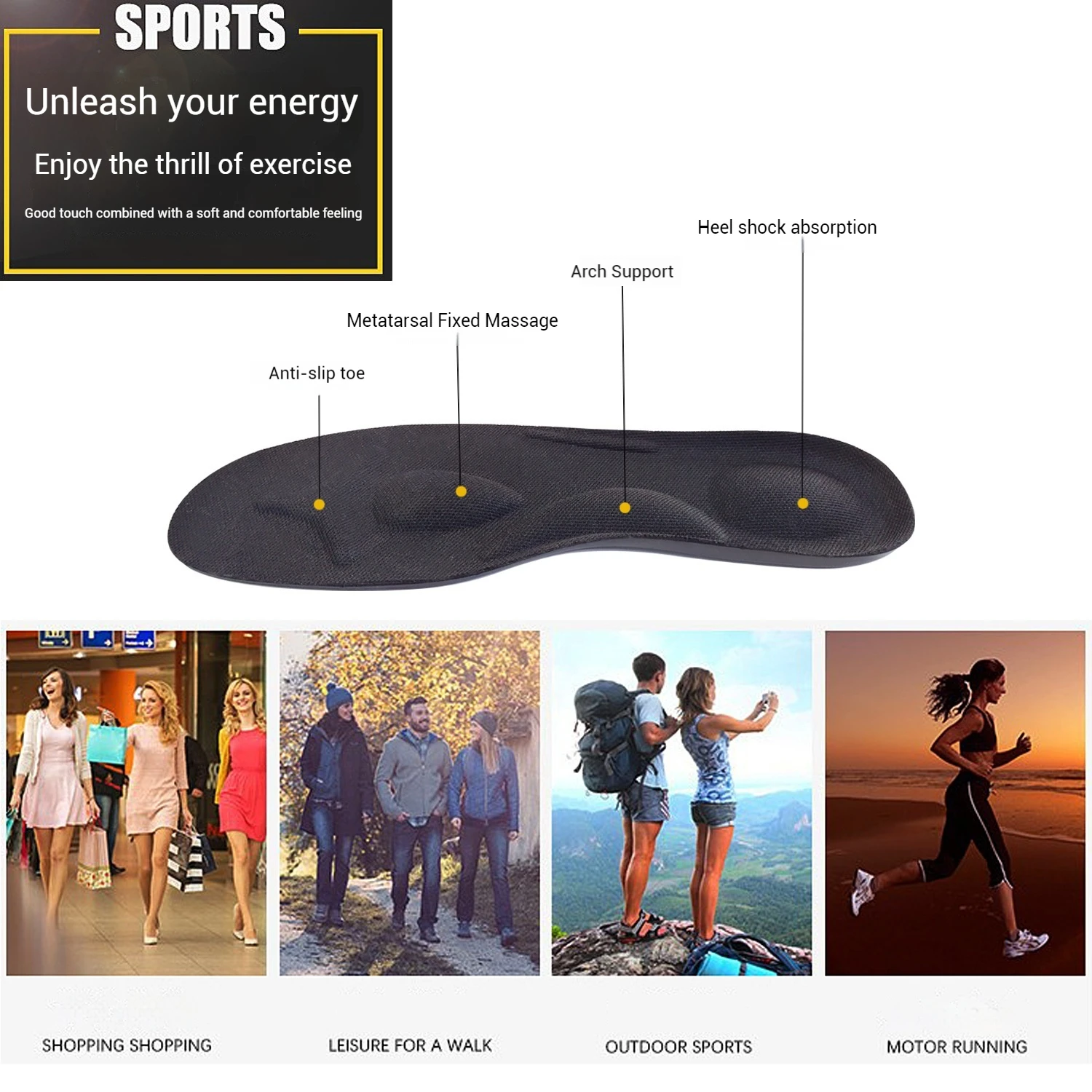 Men's PU Arch Support 4D Insole Soft Sole Comfortable Sports Shock Absorption Sweat Absorbing Insole for Foot Health