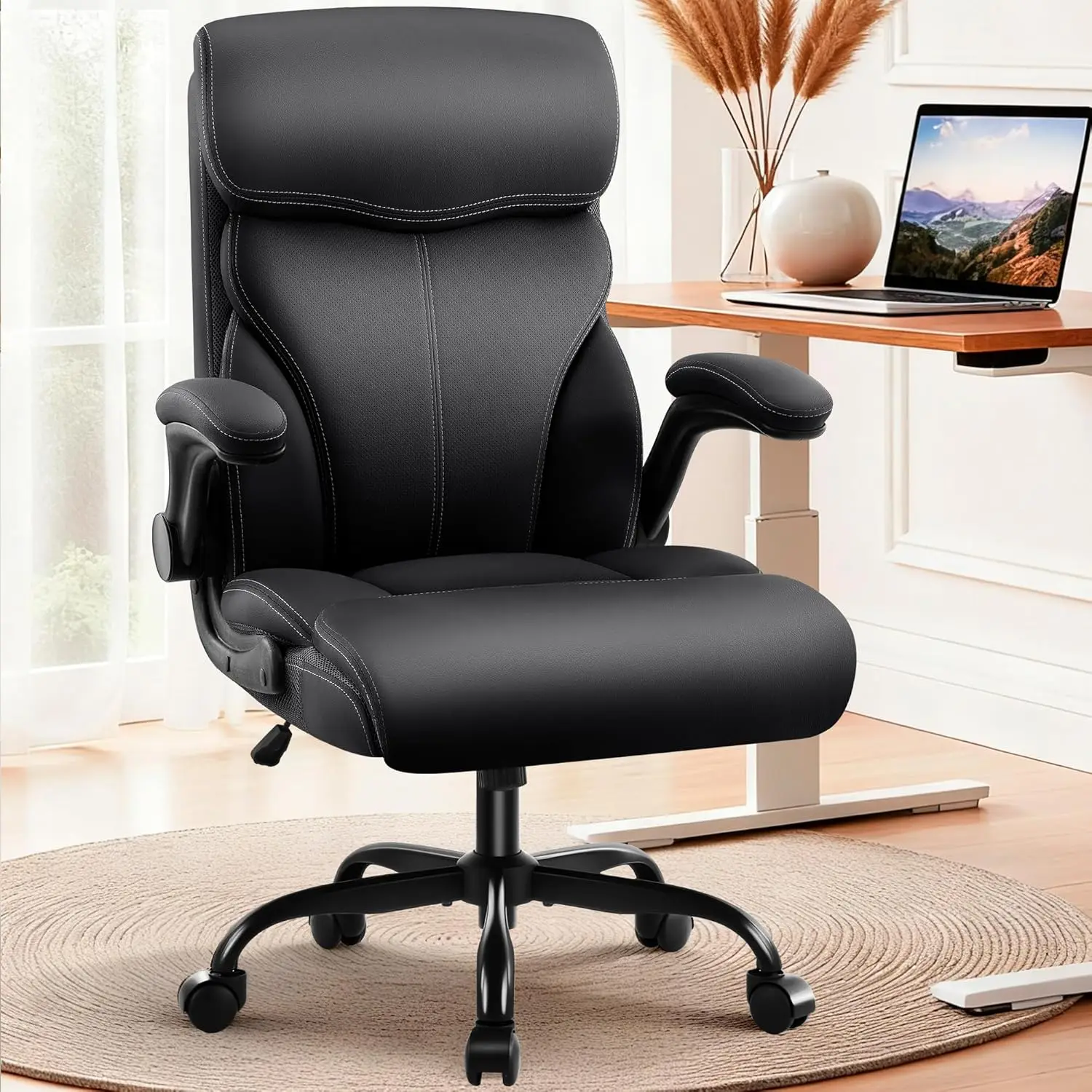 High Back Ergonomic Office Chair with Lumbar Support - Breathable PU Leather, Reclining, Heavy Duty 350lbs