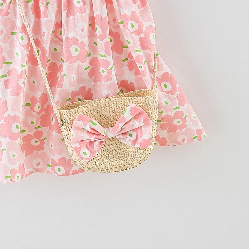 Summer dress bag two-piece set for girls cartoon small flower print Korean version cute flying sleeve dress