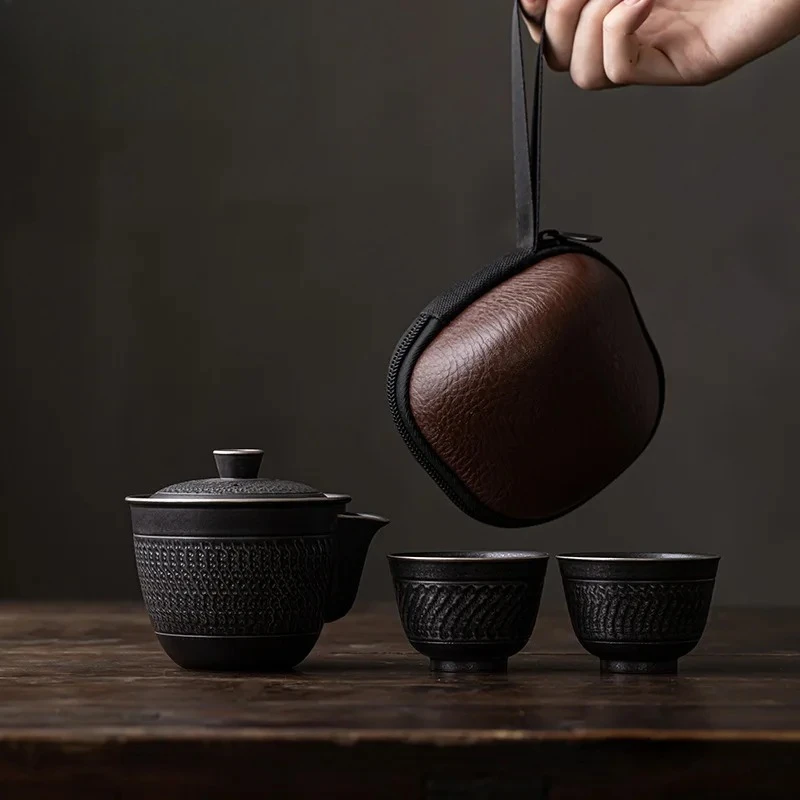 

Handmade Jumping Knife Portable Travel Tea Set Kit 1 Pot 3 Cups Tea Making Zen Black Tea Set Leather Stock Bags Accessories Gift
