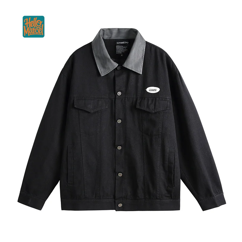 HELLOMARCEL EU US Size Luxury Quality High Street Jacket Color-Blocking Denim Work Vintage Turn-Down Collar Baseball Jacket