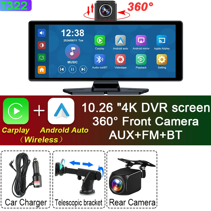10/11.26 インチ 4K ダッシュカム ワイヤレス Carplay & Android Auto