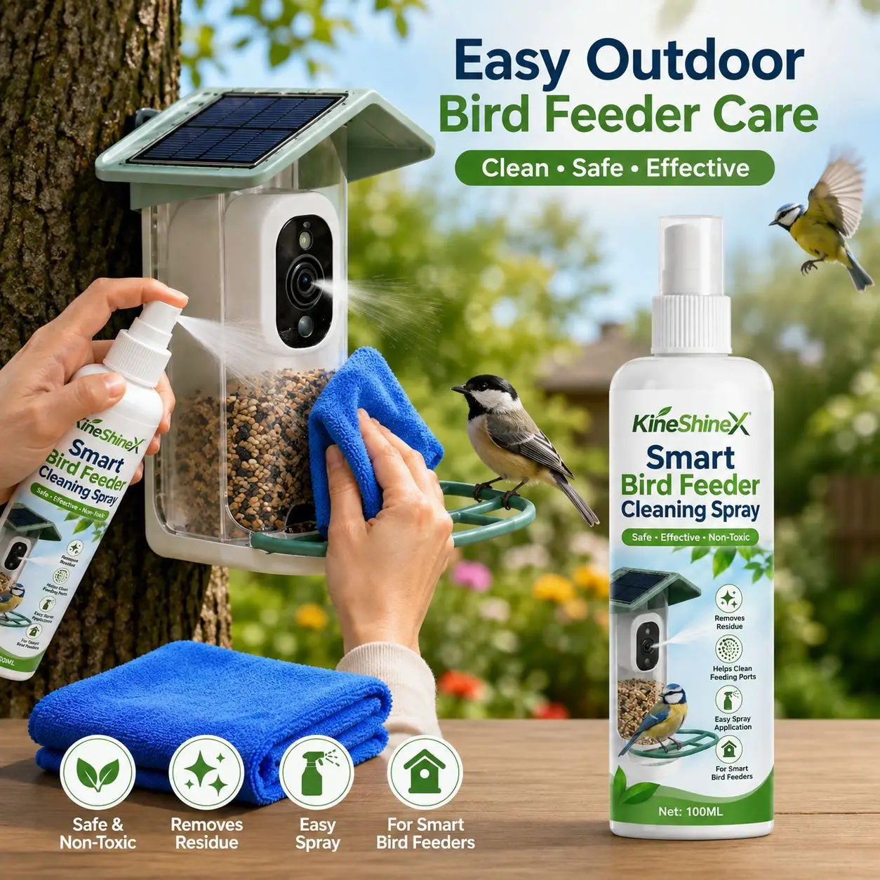 100ml Bird Feeder Cleaning Spray with Towel, Smart Bird Feeder Cleaner for Feeding Ports, Seed Trays, Perches & Camera Housing