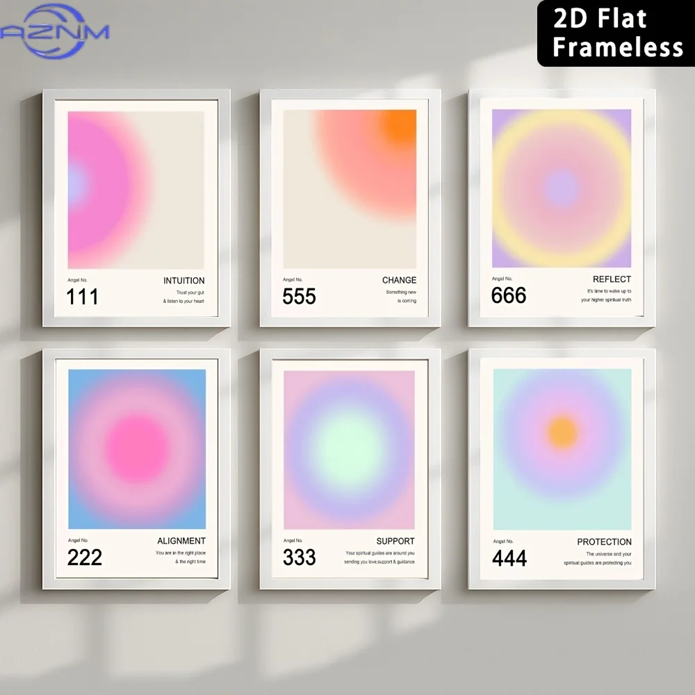 6pcs Frameless Canvas Printed Poster Home Decoration Decorative Wall Art Aura Angel Numbers Poster, Colorful Gradient Posters fo view 4
