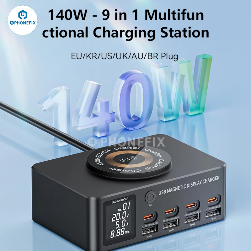 iCharge 140W USB 8-port charger fast charge smart digital display multi-port porous for iphone xiaomi Huawei mobile phone tablet