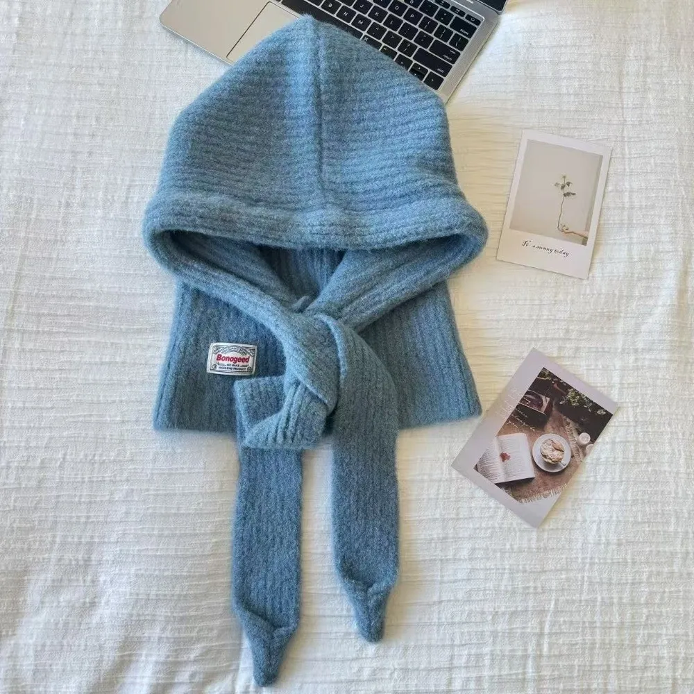 Korean Style Warm Knitted Balaclava Stretchable Windproof Winter Scarf Hat Breathable Integrated Hooded Scarf Daily Winter Wear