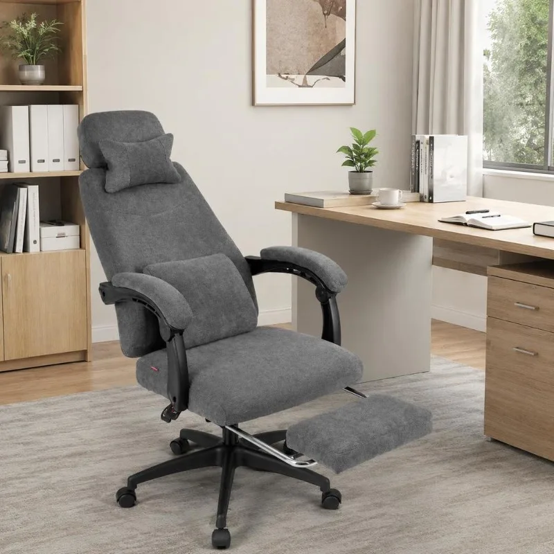Fauteuil de bureau ergonomique en tissu chenille, dossier inclinable de 99 à 155 degrés, repose-pieds rétractable, appui-tête réglable, structure robuste, roulettes silencieuses pour espace de travail, maison et bureau