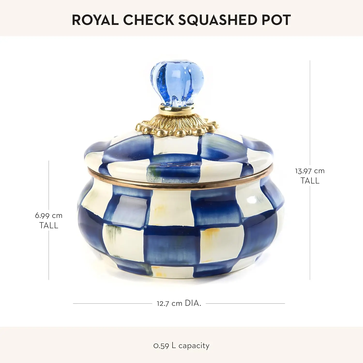 Enamel Squashed Pot, Cute Enameled Container with Lid, 20 Ounces, Blue-and-White Royal Check