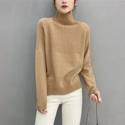 Spring and Autumn Women's Solid Stripe Pullover Turtleneck Patchwork Elegant Sweater Bottom Fashion Screw Thr Casual Formal Tops