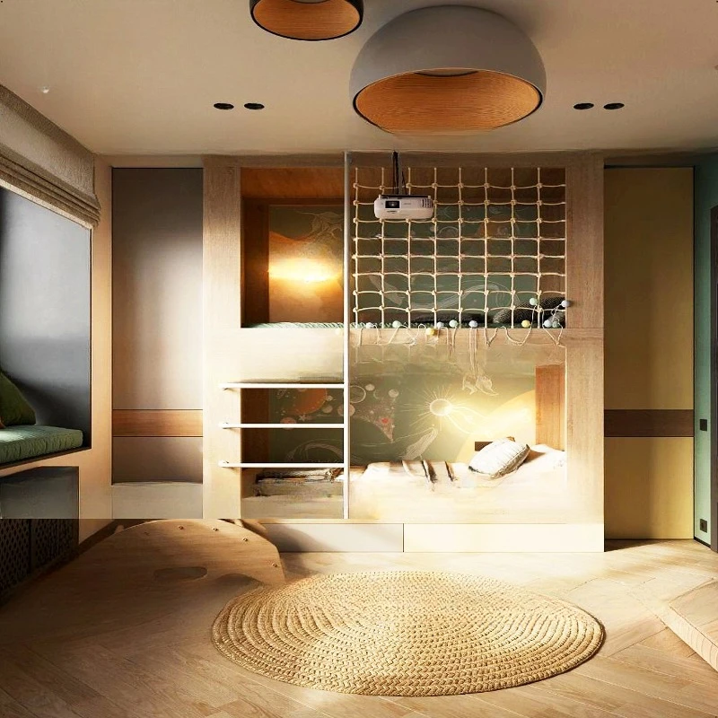 Tempat tidur atap miring di loteng, tempat tidur susun dua tingkat untuk orang tua dan anak