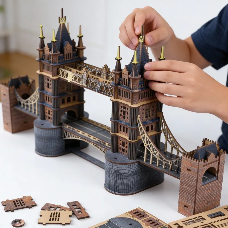 Wooden 3D Puzzle DIY Tower Bridge Assembly Model No Glue Tenon Structure Architecture Craft Desktop Decor Gift