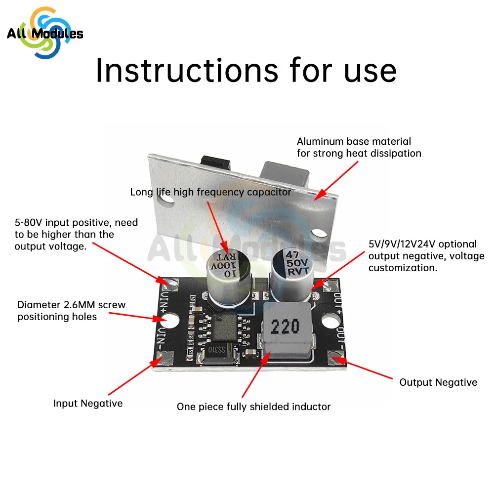 Mini DC-DC Buck Power Module DC Converter Input 5-80V to 5V9V12V24V Output Aluminum Substrate Module