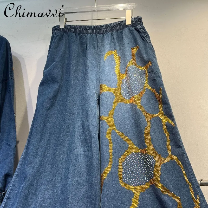 Denim Shirt Wide-Leg Pants Two-Piece Set for Women Autumn New Fashion Heavy Gold Rhinestones Streetwear Oversized Outfit
