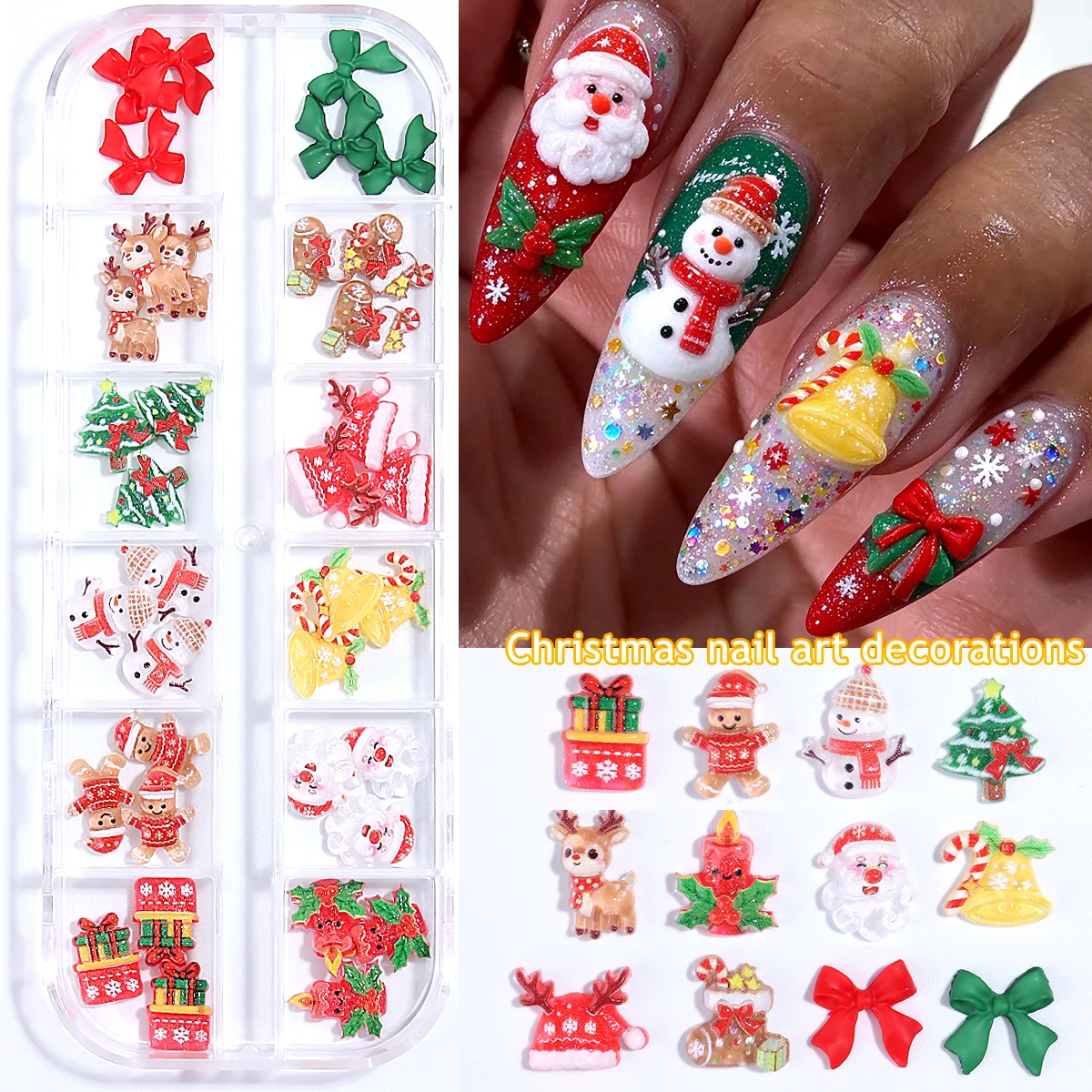 Christmas 3D Nail Charms Resin Nail Decorate Santa Snowman Elk Xmas Tree Bow Bell Gift Box Winter Holiday DIY Nail Art Ornaments