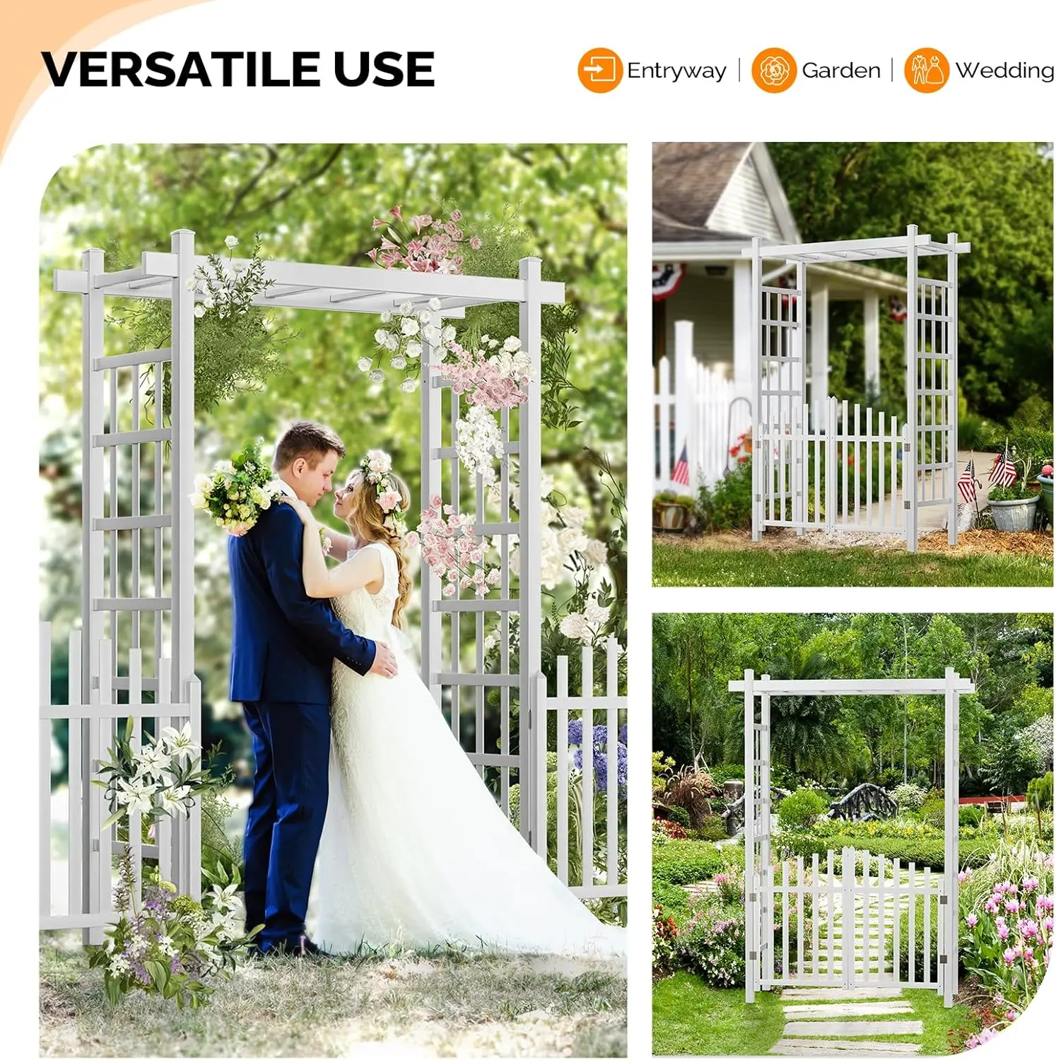 Garden Arbor with Gate, PVC Wedding Arch for Ceremony Party, Garden Trellis for Climbing Plants Outdoor, Arch Backdrop Stand