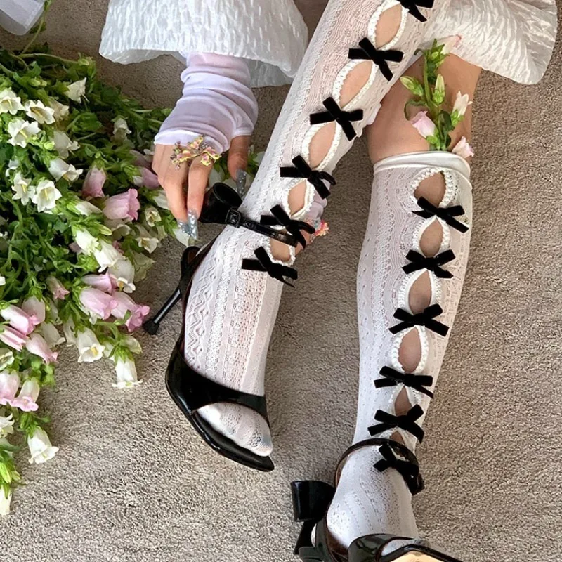 2026 New Women Slimming Retro Thigh High Socks, Flocked Bow Lace Cutout High Socks, Sweet Harajuku Lolita Aesthetic Stockings