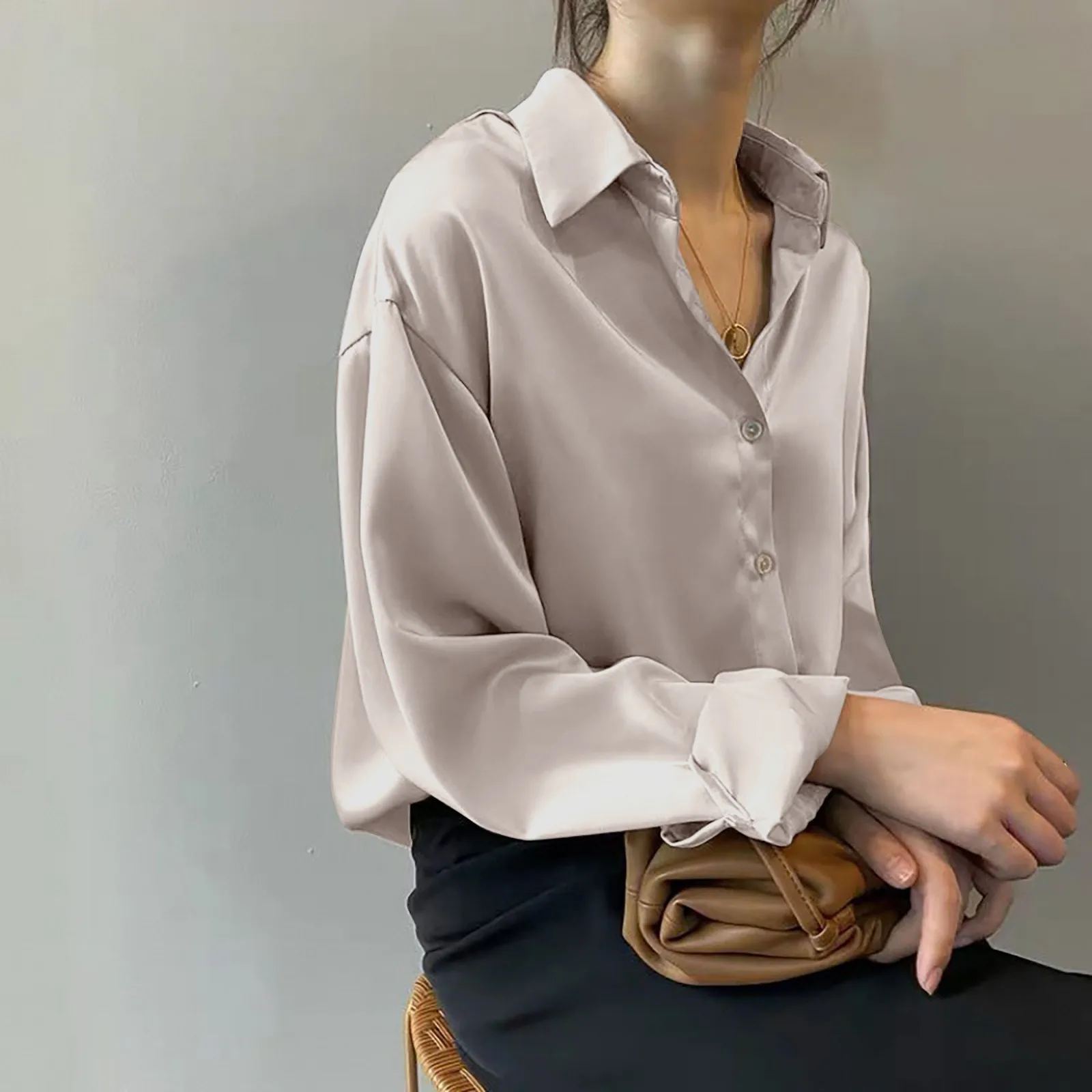 Fashion Button Up Satin Silk Shirt Vintage Blouse Women White Black Lady Long Sleeves Female Loose Office Lady Street Shirts