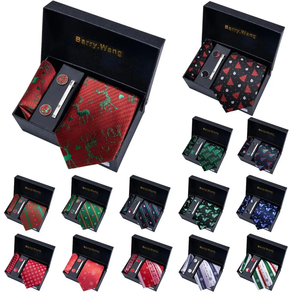 Silk Men Tie for Christmas Necktie Hankerchief Cufflinks Set Xmas Festival Cravat with Gift Box Red Green Snow Santa Reindeer